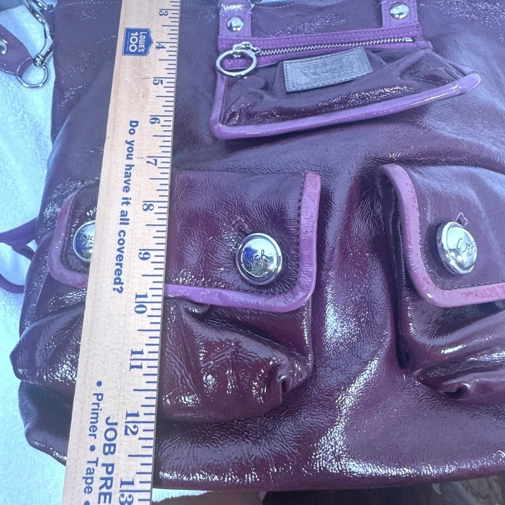 Coach Poppy Spotlight Pocket Hobo Bag Large Burgundy Purple Patent Leather 13869